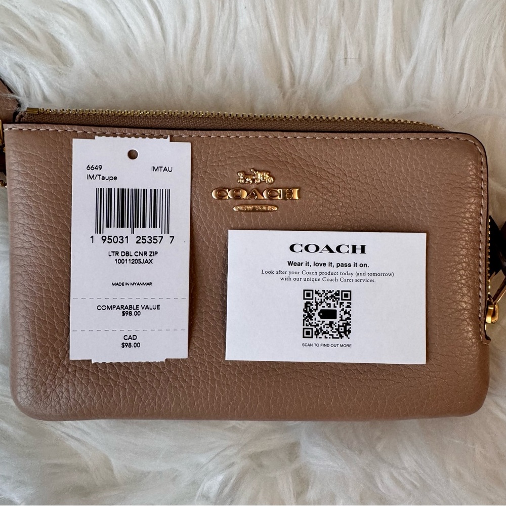 Coach Double Corner Zip Wristlet Beige Pebble Leather Wallet Clutch - Picture 3 of 8